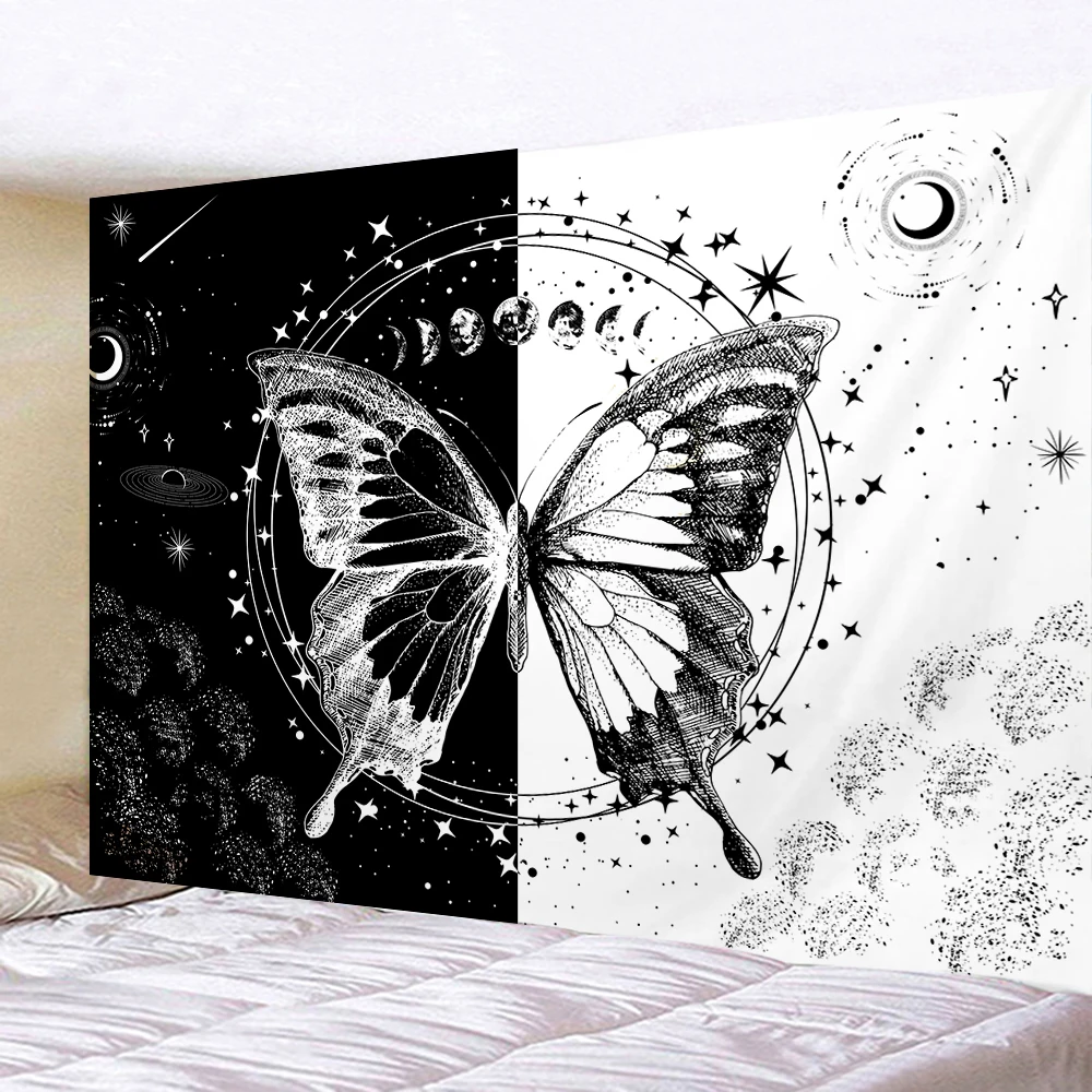 

Black And White Butterfly Mandala Starry Sky Tapestry Hippie Wall Hanging Boho Moon Phase Tapiz Witchcraft Astrology Tapestry
