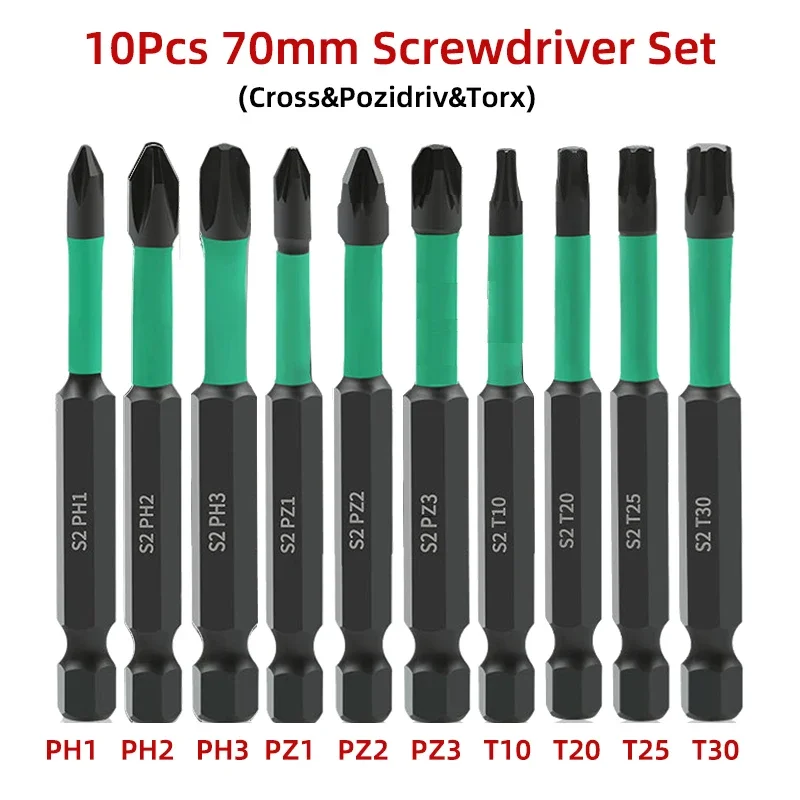 

10 шт., 70 мм, набор магнитных отверток, набор бит Cross Pozidriv Torx, 1/4 дюйма, шестигранный хвостовик PH2, PZ2, ударная отвертка для электрической дрели