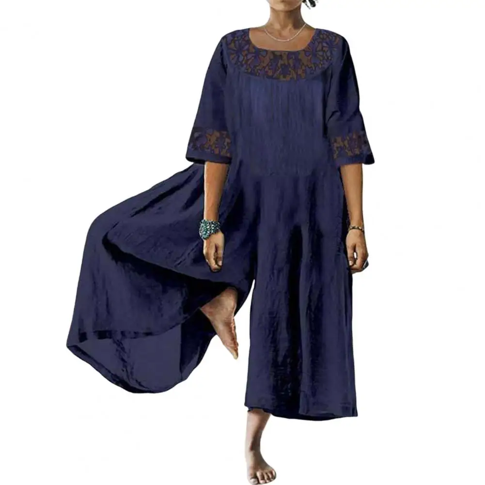 Casual Woman Overall Lace Stitching Cotton Blend Summer Fashion Crewneck Jumpsuit  Comfy Summer Jumpsuit Daily Clothes