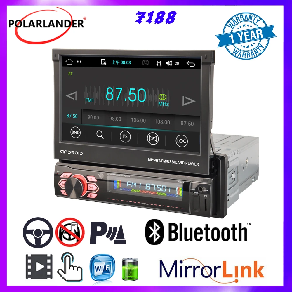 

Автомобильный мультимедийный плеер, автоматический выдвижной экран, Интеллектуальный Голос MP5 1 DIN 7 ''Carplay/Android Anto Bluetooth для универсального