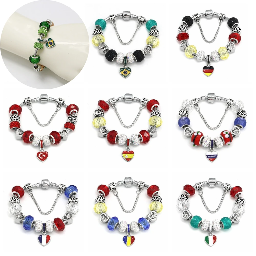 

Brazil UK USA Germany Flag Bracelets Snake Chain Antique Silver Plated Charm Alloy Crystal Beads Bracelet for Women Jewelry Gift