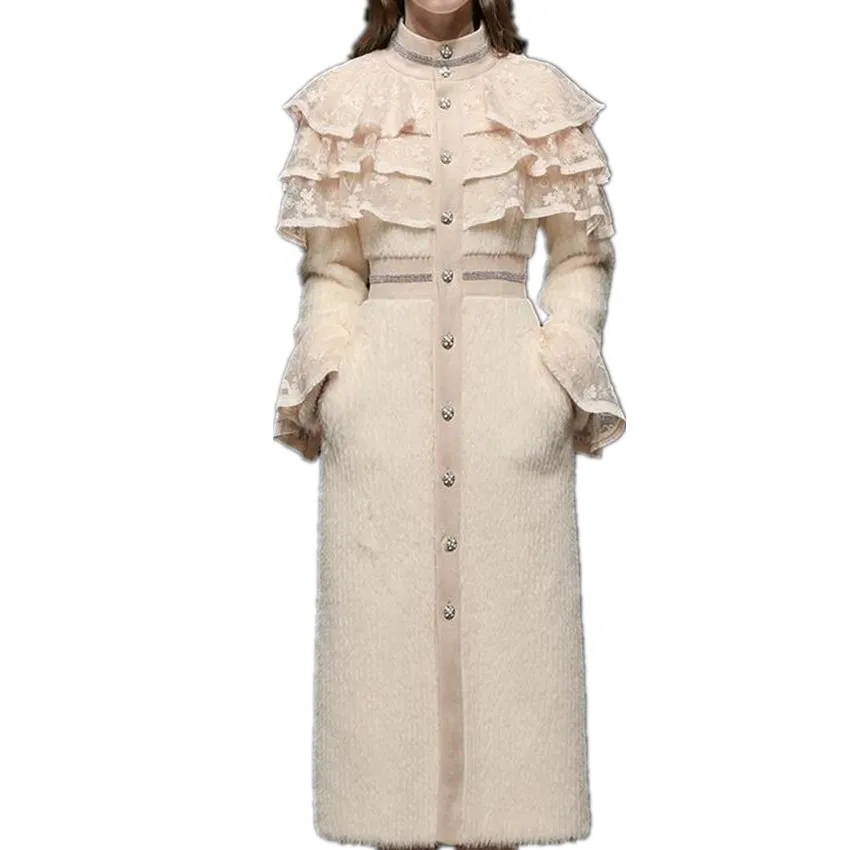 

Ruffles Tassel Thick Winter Woolen Overcoat Wome Elegant Mink Fur Stand Collar Lace Hook Flower Single Breasted Outwear