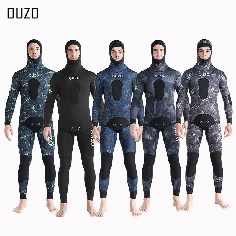 

1,5 мм Камуфляжный гидрокостюм с длинным рукавом с капюшоном из двух предметов из неопрена погружной для мужчин сохраняющий тепло водонепроницаемый костюм для дайвинга
