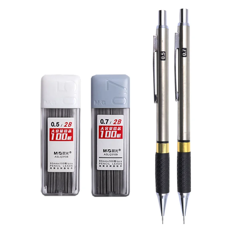 

Механический карандаш для нажима, 100 шт., свинцовый/коробка 2B Hb, низкий центр тяжести, автоматический металлический карандаш, противоскользящий карандаш для письма 0,5 0,7