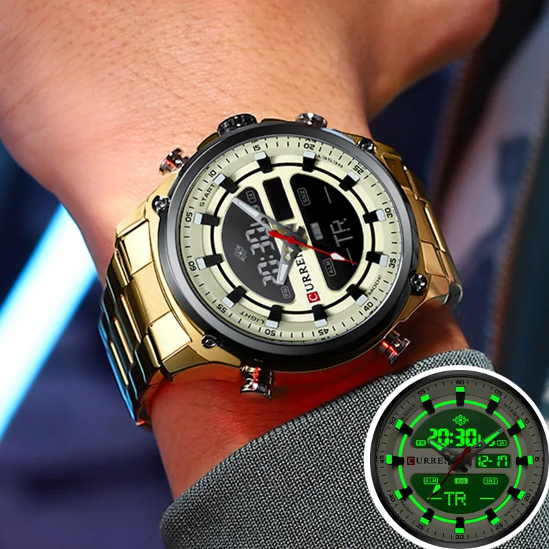

CURREN Sport Quartz Digital Watches for Men Led Luminous Multifunction Stainless Steel Wristwatches Dual Display Clock Male