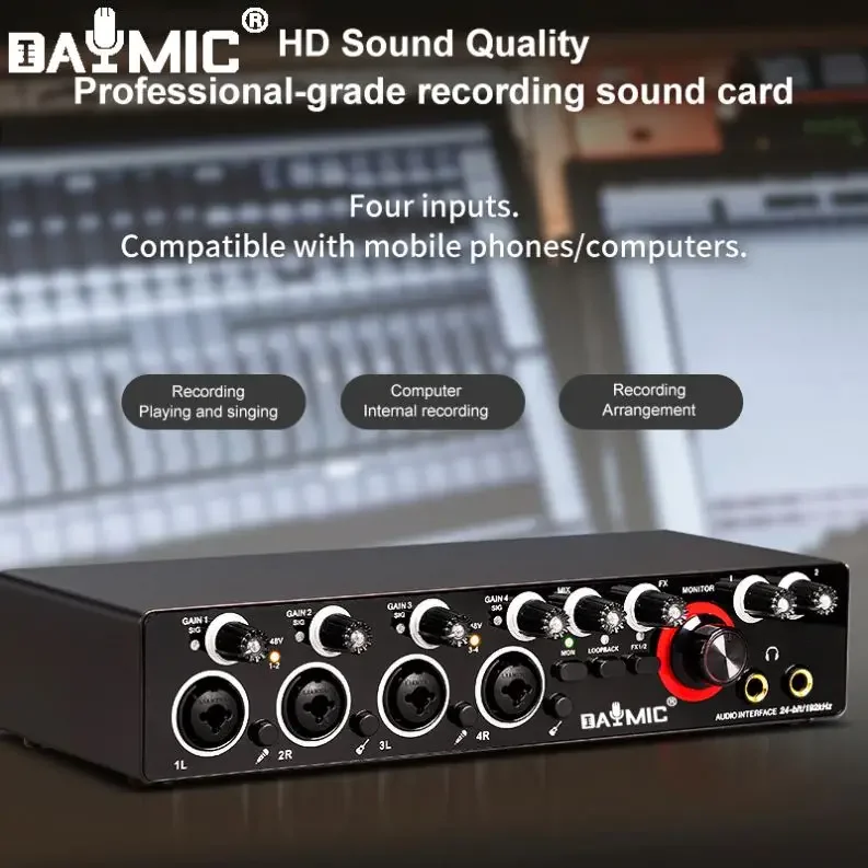 Фото DAYMIC Professional 24Bit 192Hkz 4-канальный аудиоинтерфейс USB звуковая карта для живой записи Solo №2