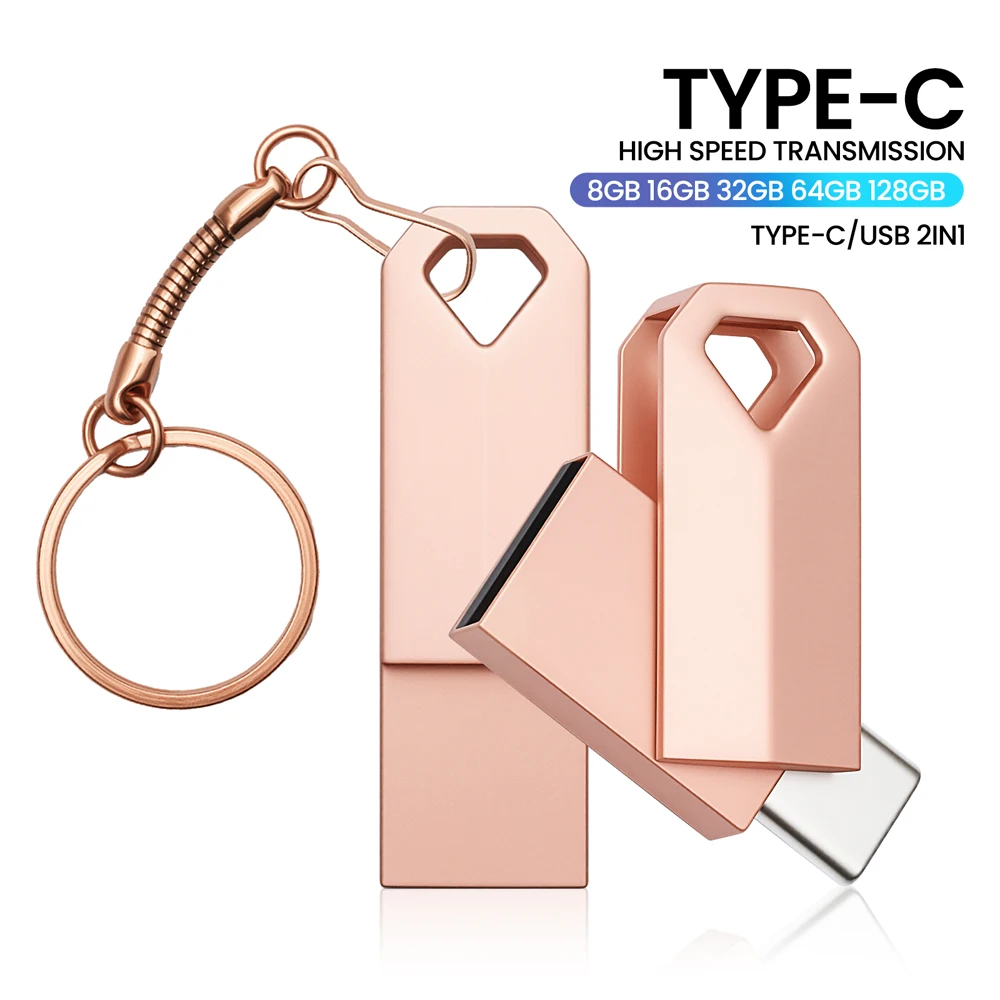 Фото Новый металлический USB-накопитель TYPE-C, 64 ГБ, двойной флэш-накопитель USB C, 32 ГБ, FAT32, 16 ГБ, бесплатная цепочка для ключей, 8 ГБ, USB флэшка №2