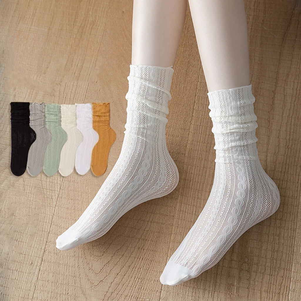 2 Pairs Women Fashion Long Bubbles Loose Socks Summer Spring Solid White Sweet Soft Lolita Korean Mesh Designer Breathable Lace