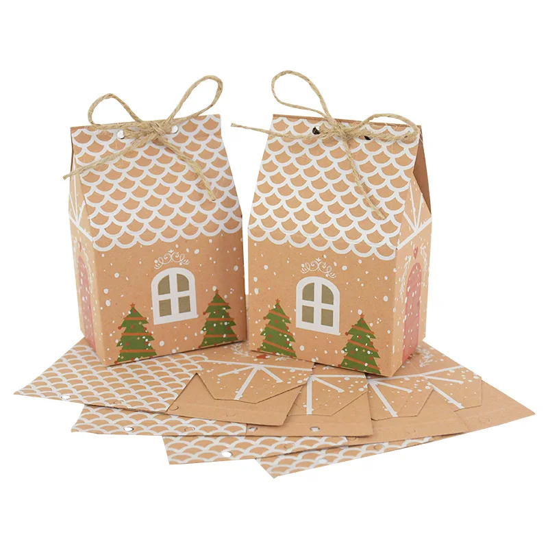 

5/10Pcs Christmas Small House Design Candy Boxes Portable Kraft Paper Bags Gift Packing Xmas Tree Hanging Ornament Festive Gift
