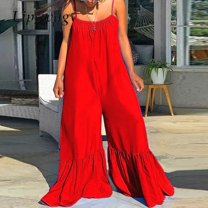 

New Summer Spaghetti Strap Backless Playsuit Overall Fashion Loose Flare Pants Jumpsuit Casual Ladies Solid Color Pockets Romper
