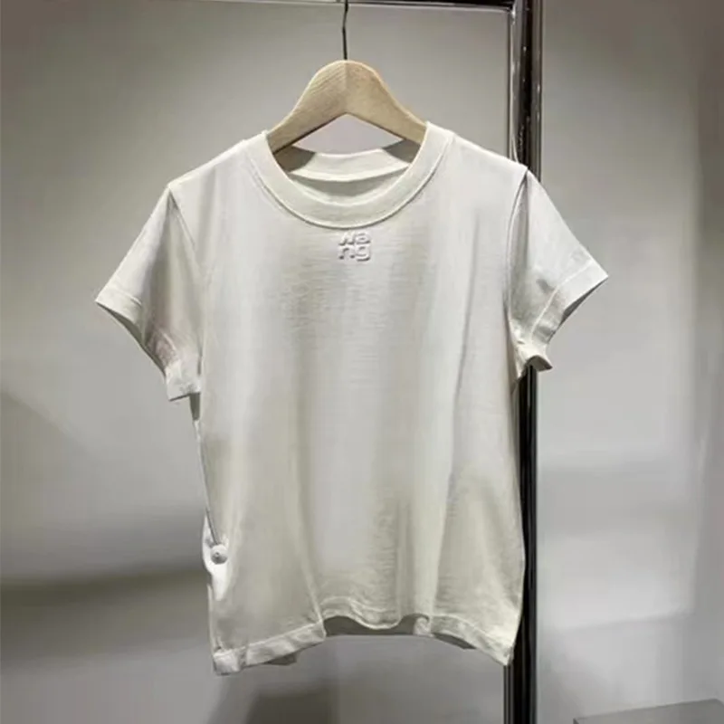 Fashion Simple Letter Print Pure Cotton T-shirt Women 2023 Summer O-Neck Short-Sleeve Tshirt Top Lady All-Matching Slim Fit Tees