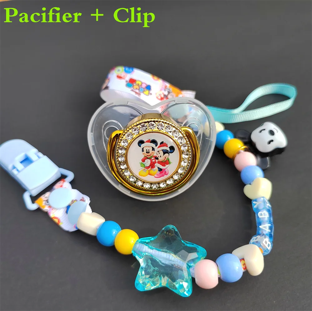 

Metal Transparent Blue Series Cartoon Animal Mickey Mouse Baby Pacifier Bead Bead Chain Clip Silicone Fake Shower Gift Christmas