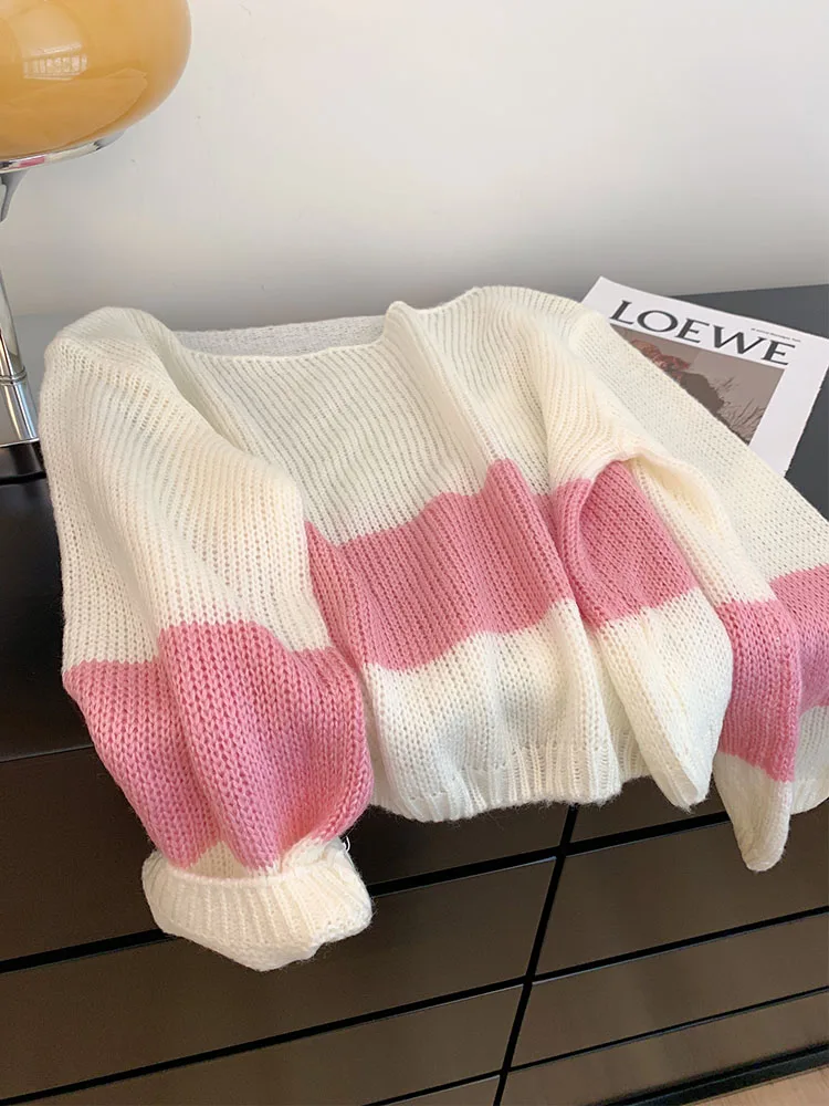 

Sweet Sweater Office Lady Autumn Winter Simple O-Neck Pink Striped Knitwear Jumper Thick Warm Mori Girl Pullover Oversized Cyber