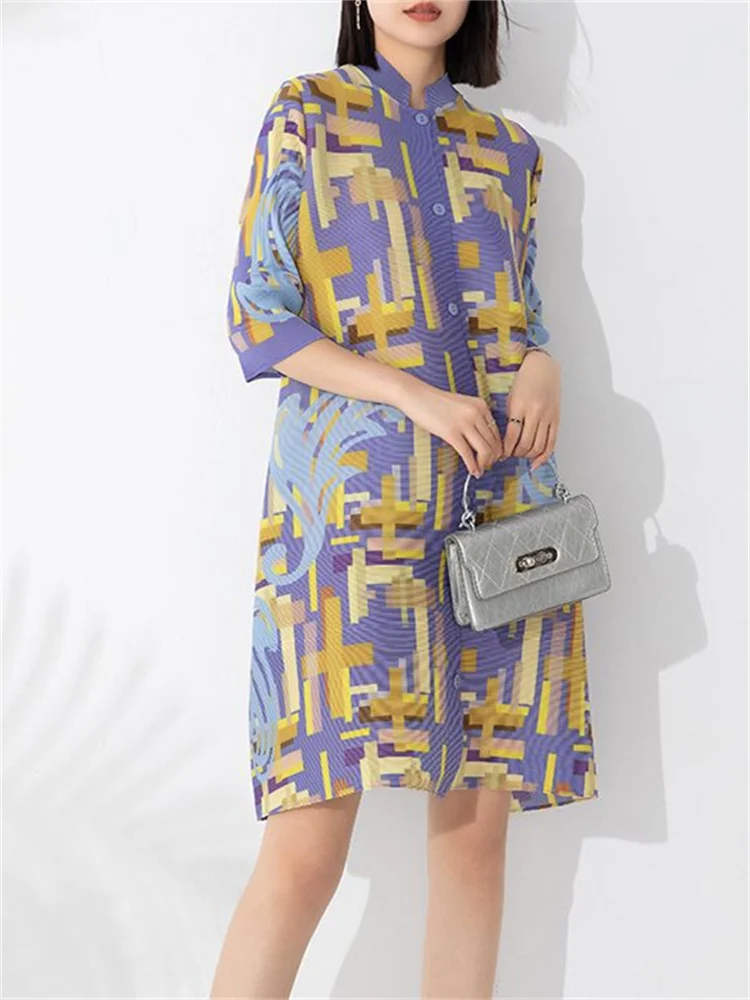 

Miyake Pleated Print Temperament Midi Dress 2023 New Noble Plump Girls Slim Looking Large Size Women's Wear Elegant Shirt Dress
