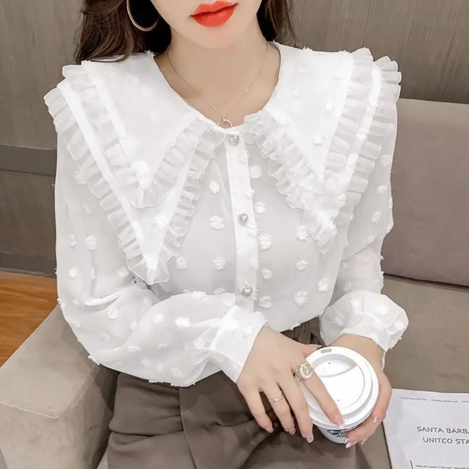 

Women 2022 Spring Summer New Turn Down Collar Loose Solid Tops Shirts Female Long Puff Sleeves Chiffon Patchwork Blouses W88