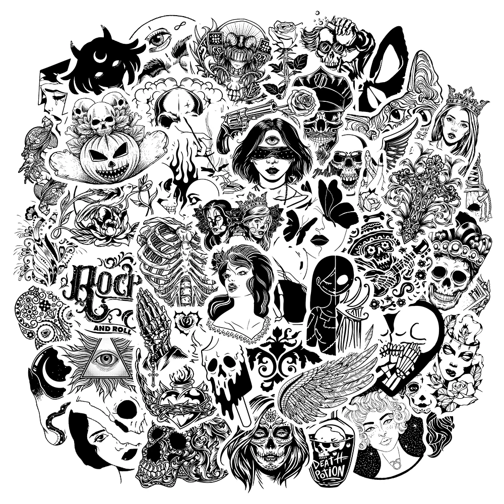 

10/30/50PCS Black And White Graffiti Stickers for Skateboard Laptop Guitar Luggage Fridge Scrapbook Gothic Horror Style Decal