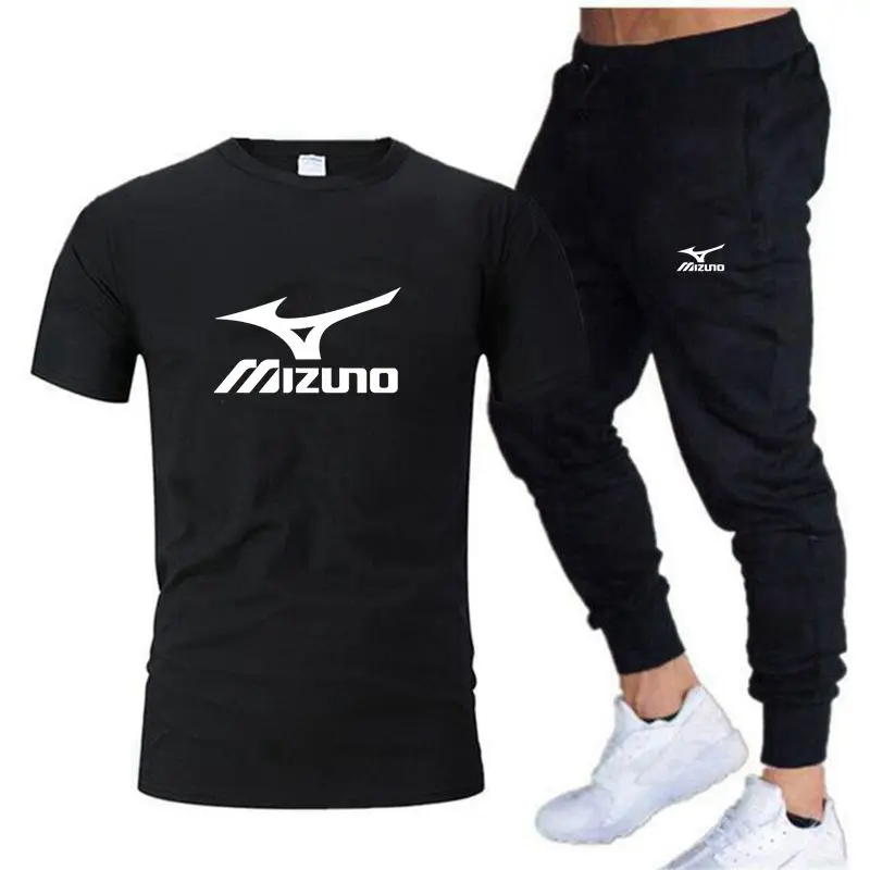 

2023 Mizuno летняя новая мужская брендовая спортивная одежда, дышащая футболка с коротким рукавом + брюки, повседневная мужская спортивная одежда для фитнеса и бега