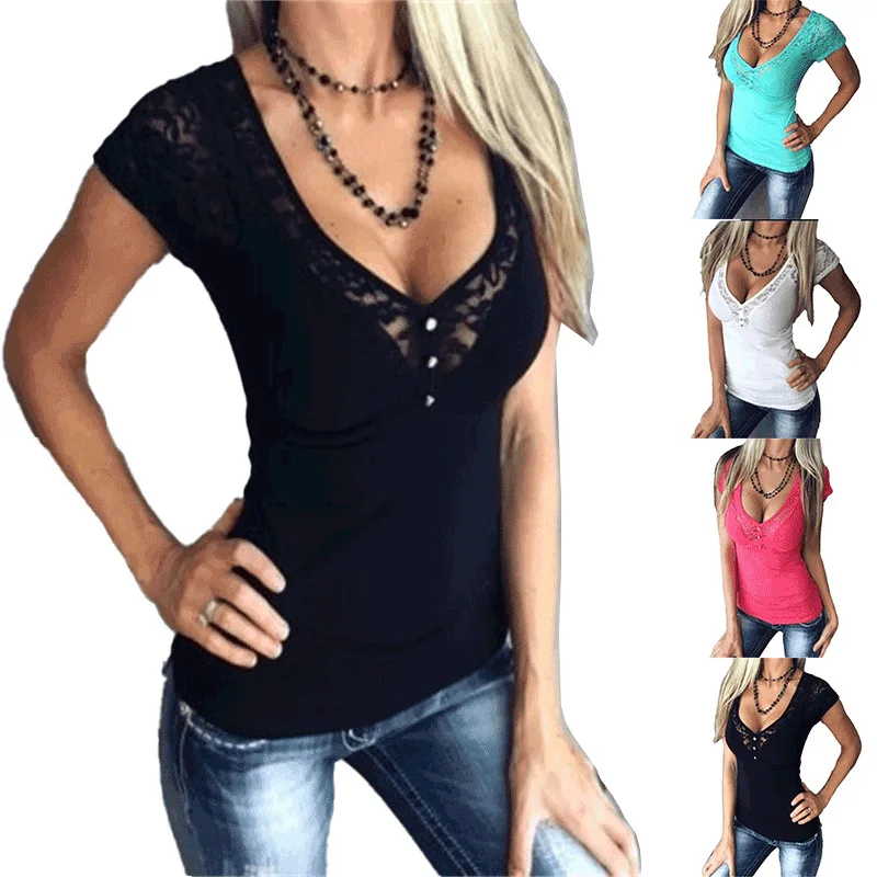

Sexy Lace Splicing V Neck Fashion Short Sleeved Women's Tops 2022 Summer Fashion New Solid Color Slim Fit Black Tee for Women