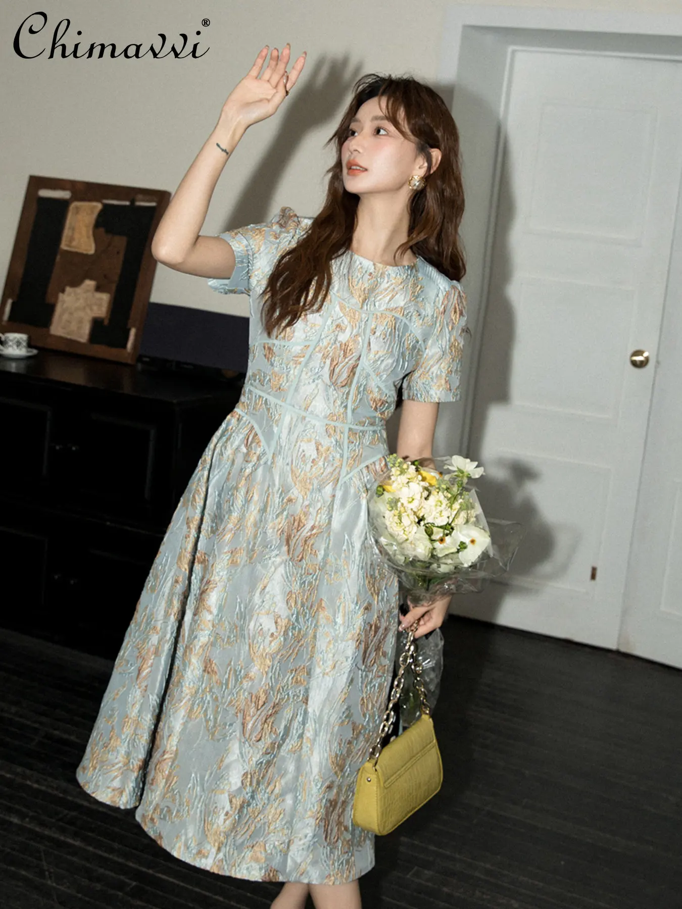 Heavy French Jacquard Dress for Women 2023 Summer New Fashion Round Neck Elegant Blue High-end Long Dress Party Ladies Dress