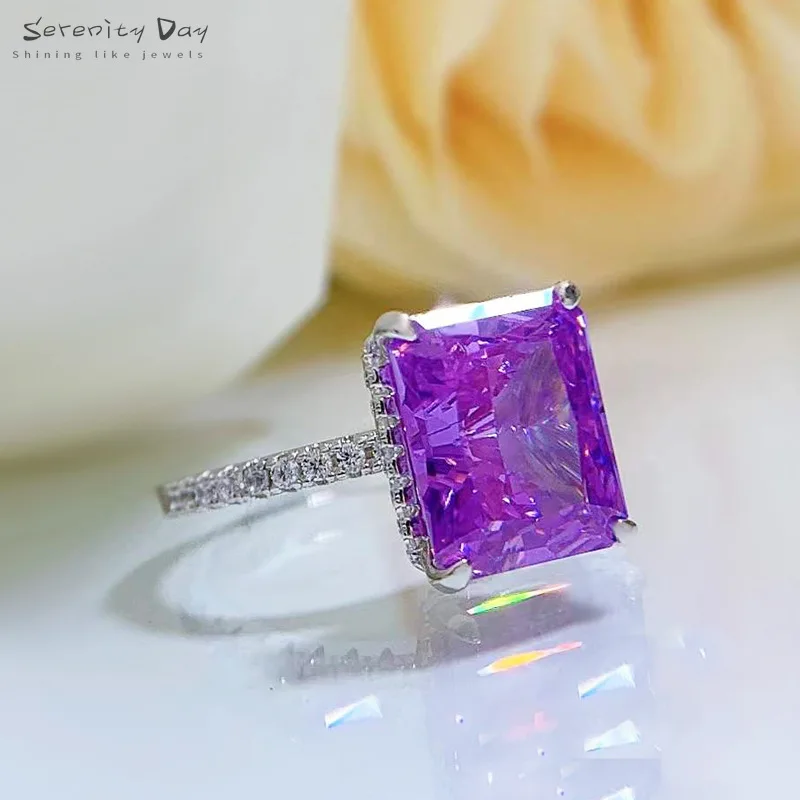 

Serenity Day S925 Sterling Silver Trendy Redian Cut 8*10mm Purple High Carbon Diamond Rings for Women Fine Jewelry Wholesale