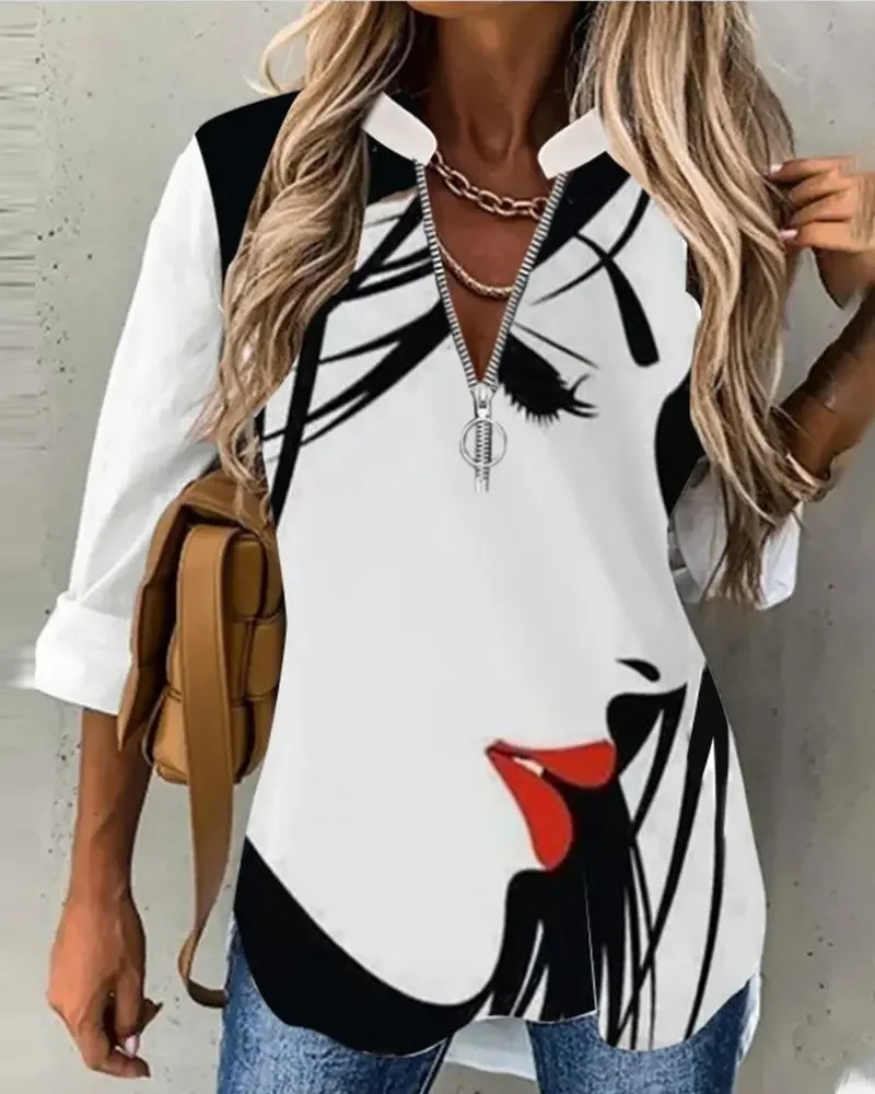 

CHAXIAOA 1 Piece Summer 2022 Women Shirt Abstract Figure Print Zip Front Casual Top
