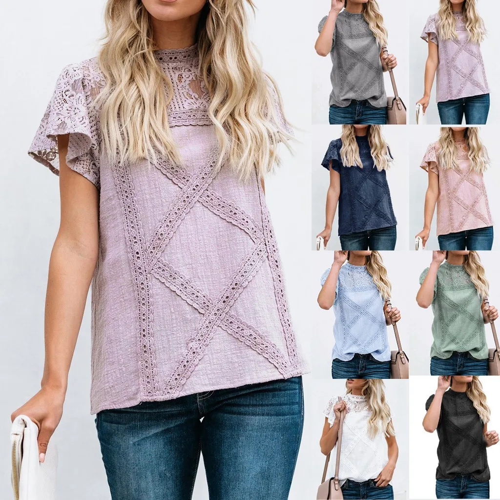 

Womens Lace Patchwork Flare Ruffles Short Sleeve Cotton Shirt Blouse Top