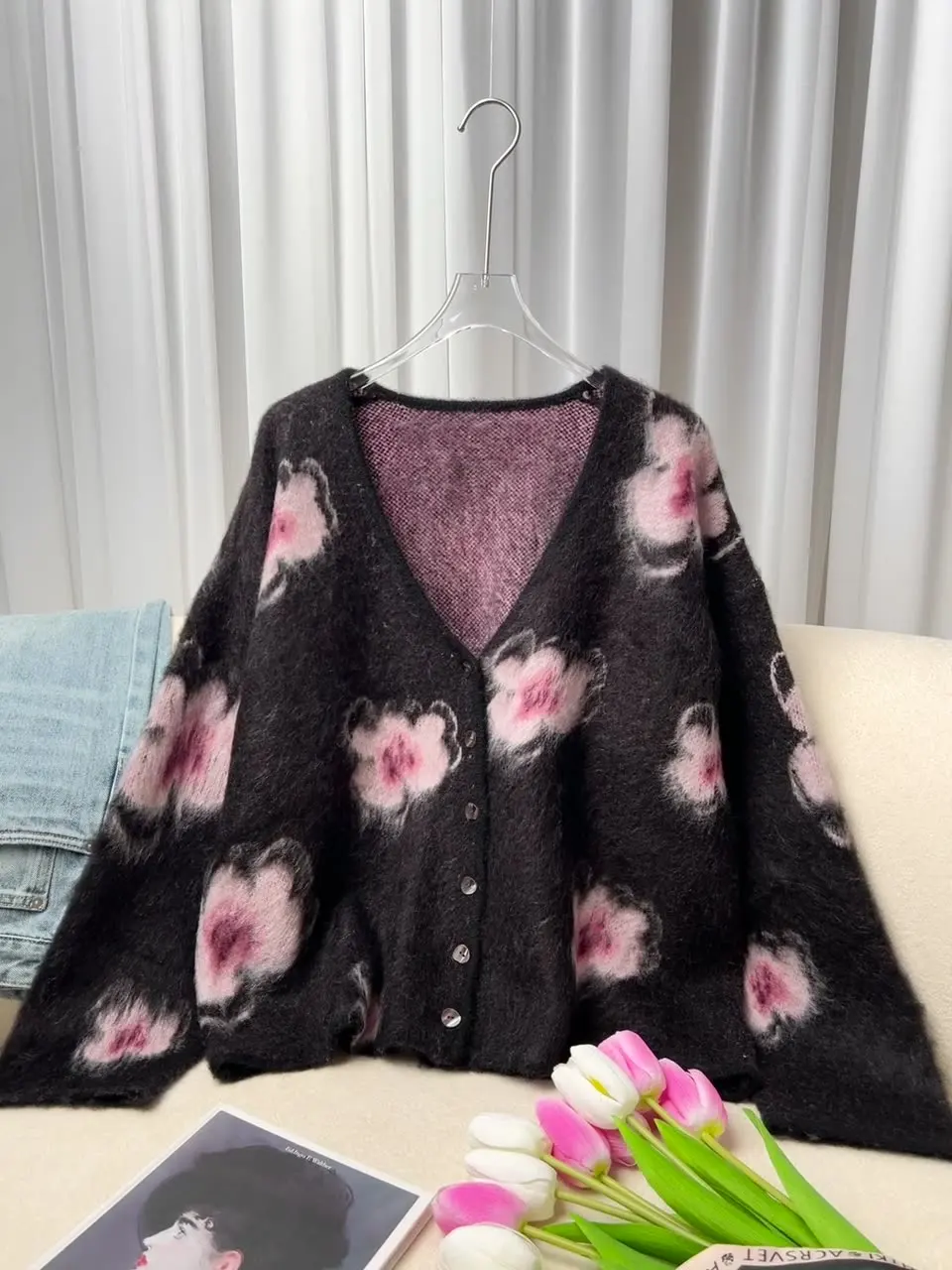 Осенний новый жаккардовый вязаный кардиган из смеси альпаки с v-образным вырезом