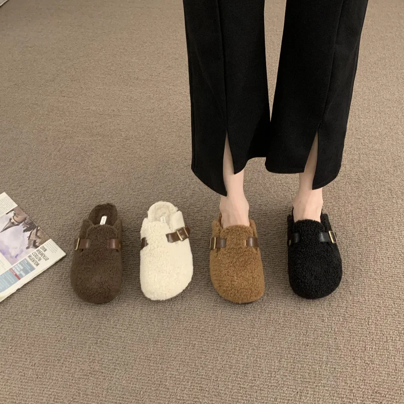 

Flock Woman Shoes Luxury Cover Toe Low Slides Designer Slipper Basic Rome Rubber Fur Fashion Hoof Heels Bonded Leather Cover