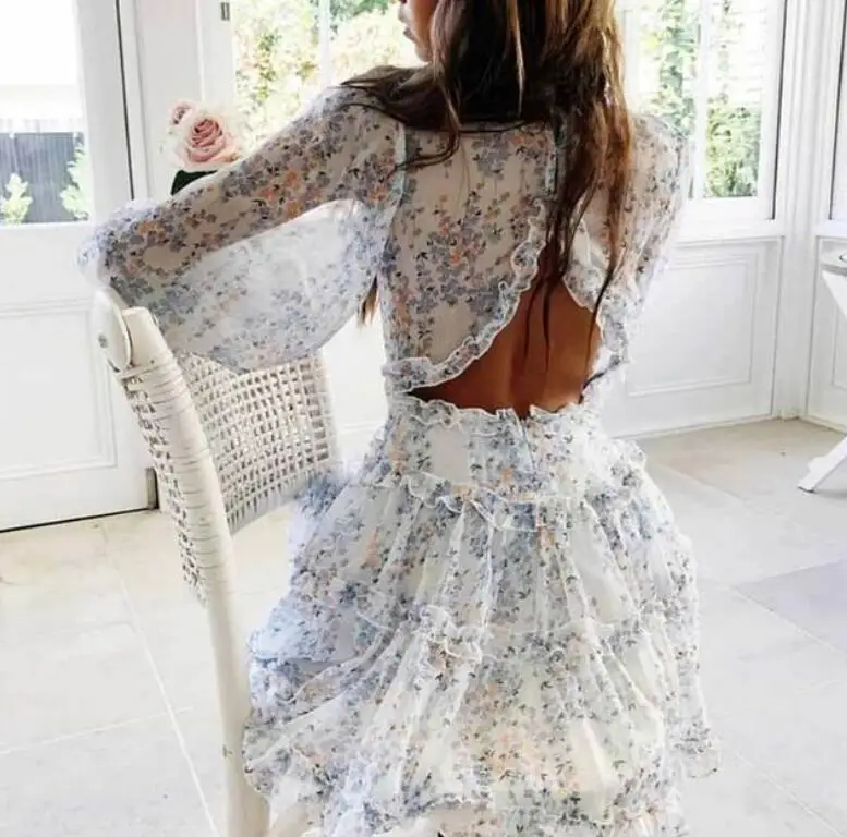 

2021 new women's chiffon long sleeve V-neck fashion Printed Dress