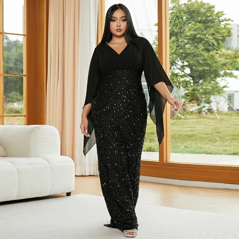 Plus Size 4XL5XL Luxurious Sequin Dress Bodycon Party Dance Gorgeous Plus Size Elegant V Neck Chiffon Glitter Dress