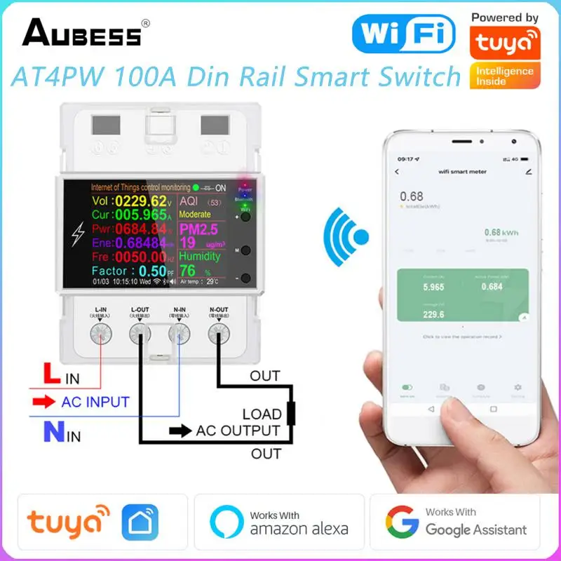 

Tuya WIFI AT4PW 100A Din Rail Smart Switch Remote Control AC 220V 110V Digital Power Energy Volt Amp Kwh Frequency Factor Meter