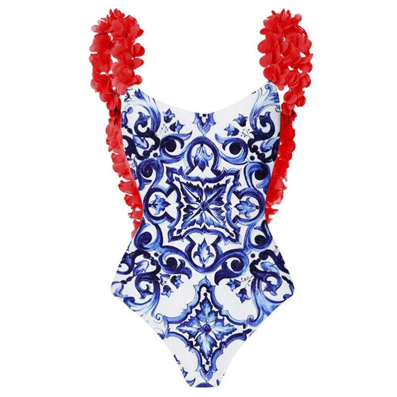 2 Piece Set Open Back Wrap Chest One Piece Swimsuit Set Bikini Women Outfit Red Printed Beach Dress Slim Sexy Suit 2023 Spring