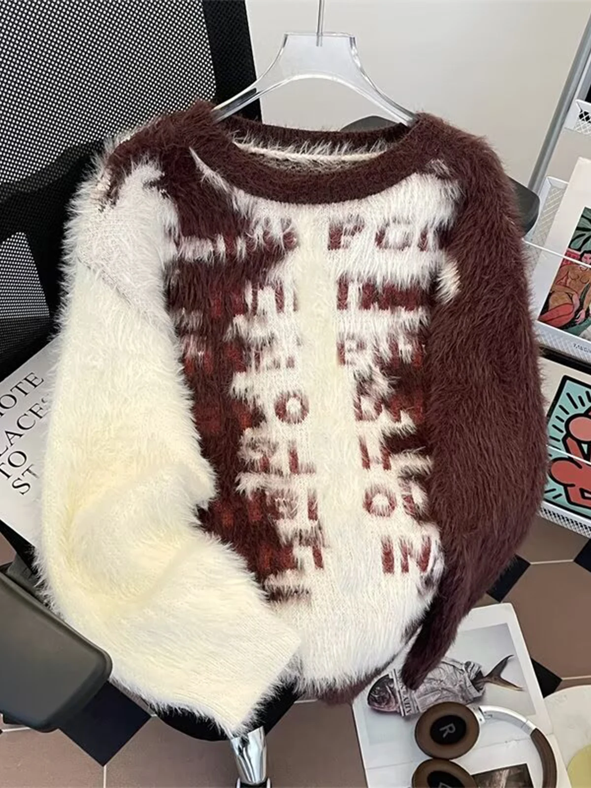 Gradient Mink Velvet Jacquard Sweater Men and Women Retro 2024 Winter New Contrast Color Over fit knit Thickened Outerwear