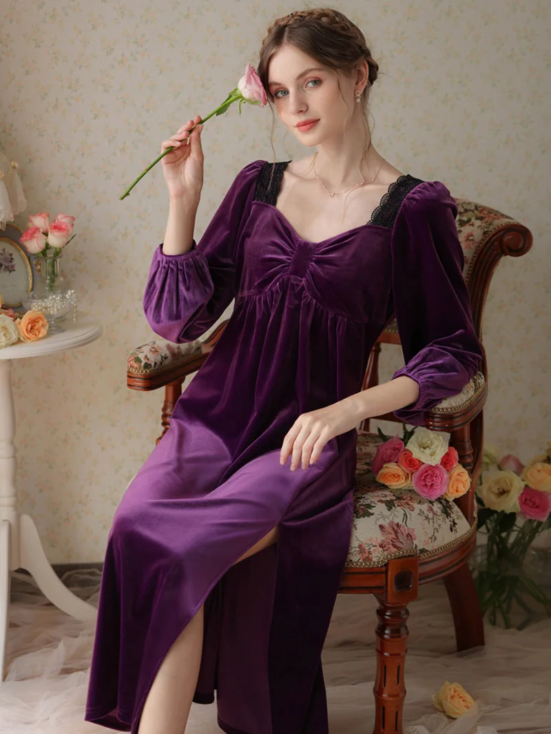 Women Winter Romantic Velvet Princess Long Night Dress Pleuche Velour Robe Nightwear V Neck Slit Vintage Nightgowns Sleepwear