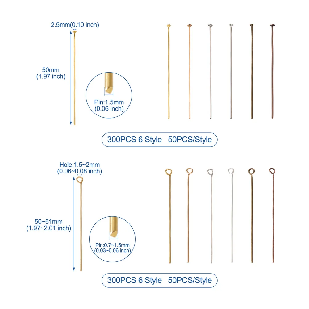 600Pcs Iron Flat Head Pins Eye Head Pins Mixed Color Metal Headpins Needle Findings for Jewelry Making Accessories 50mm