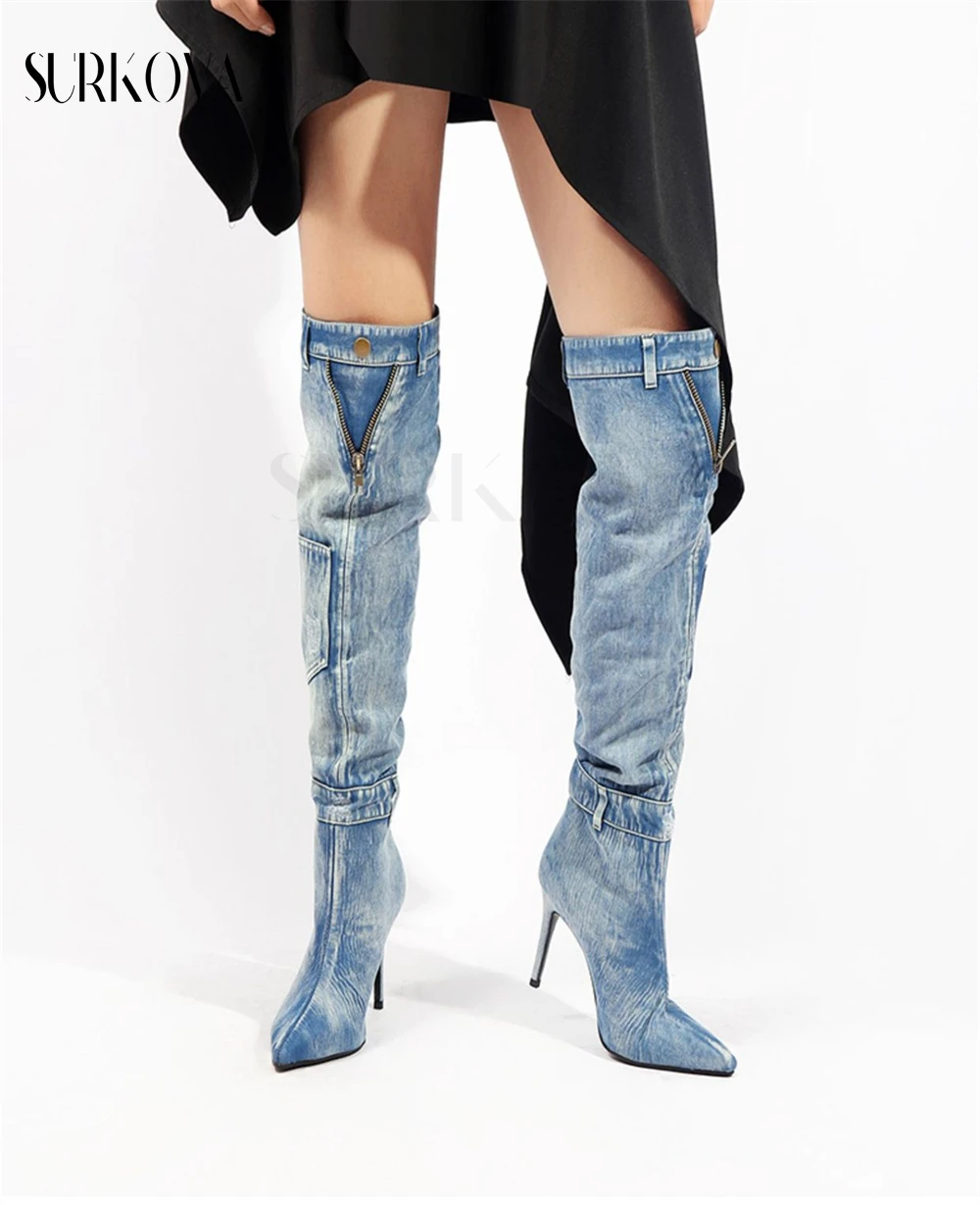 2023 New Denim Boots Over-The-Knee Boots Washed and Scratched Elegant Stilettos High-Heeled Knight Boots Women's Fashion Shoes