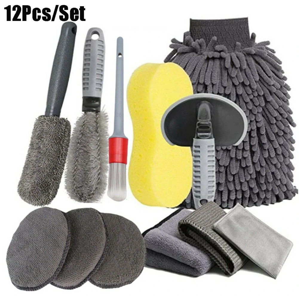 

12pcs Car Grooming Car Wash Glove Polishing Waxing Sponge Wheel Hub Brush Tire Brush Car Cleaning Microfiber Towel Car Detailing