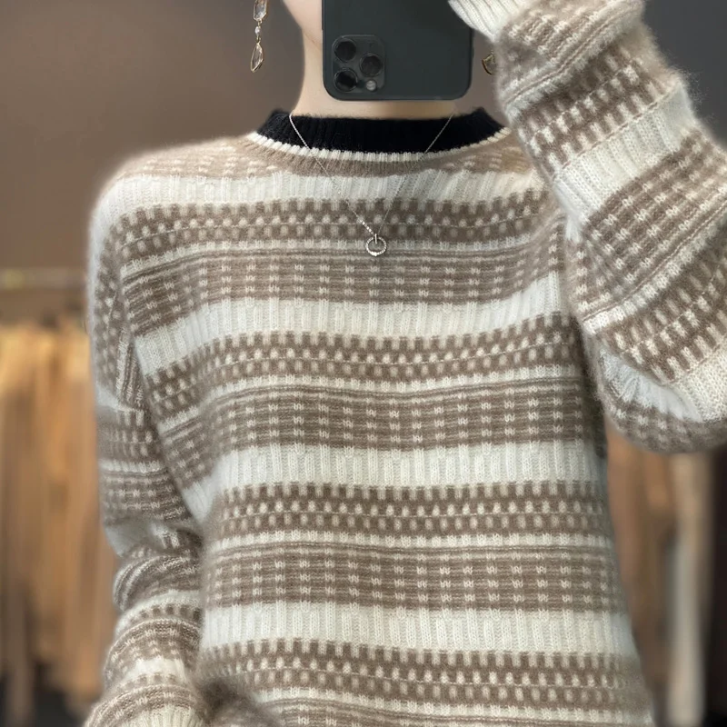 Autumn/Winter New 100% Pure Wool Sweater V-Neck Casual Stripe Knitwear Pull Cashmere Women's Top Loose Hollow Thickened Pullove