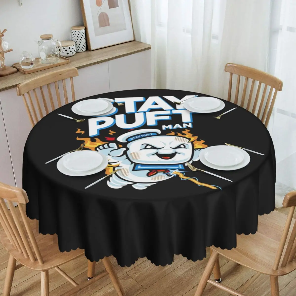 

Ghostbusters Stay-Puft Marshmallow Man Tablecloth Round Waterproof Comic Movie Table Cover Cloth for Party 60 inches