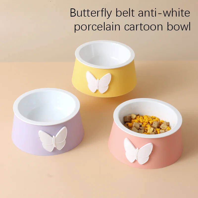 

Butterfly belt imitation white porcelain cartoon bowl cat neck guard single bowl pet bowl feeder cat bowl