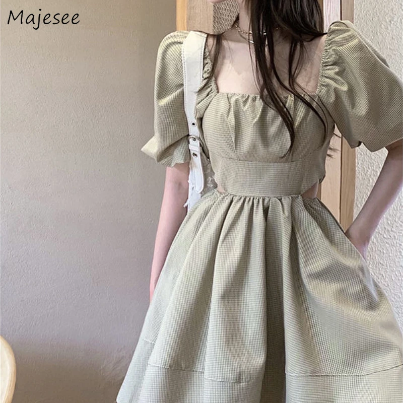

Dresses Woman Patchwork Ins Mini Puff Sleeve Elegant Office Ladies Summer Casual Fashion Daily Square Collar Korean Style New