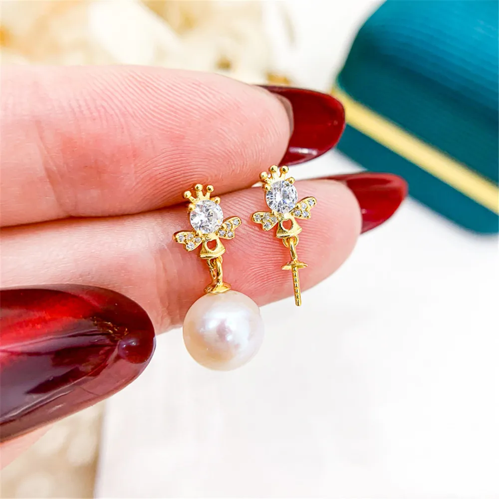 

DIY Pearl Earnail Accessories S925 Sterling Silver Jewelry Crown Angel Earrings Female Empty Set Fit 8-12mm Beads