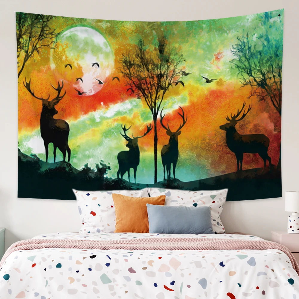 

Deer Herd Moon Tree Oil Painting Mandala Night Decor Tapestry Trippy Mystical Room Dorm Decoration Dark Mounted Wall Hanging