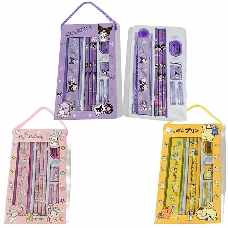 

Sanrios Anime Kuromi My Melody Purin Dog Cinnamoroll Anime Cartoon Children Student School Supplies Pencil Eraser Ruler Suit