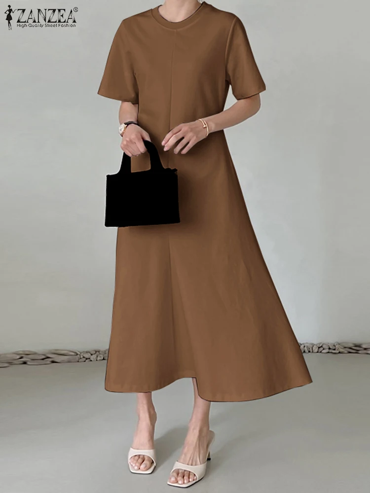 

Платье ZANZEA женское офисное до середины икры, Модный Однотонный сарафан с круглым вырезом и коротким рукавом, элегантный кафтан в ретро стил...