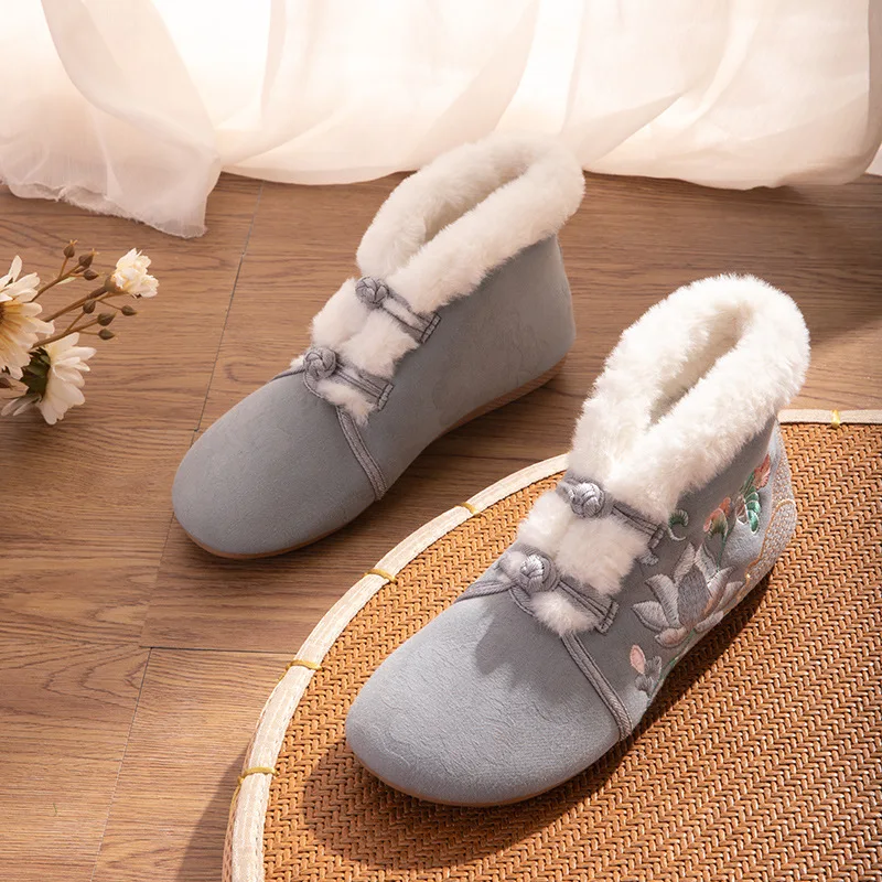 Chinese Style Winter Warm Hand Woven Short Plush Flower Embroidered Short Boots Costume National Home Shoes Outdoor