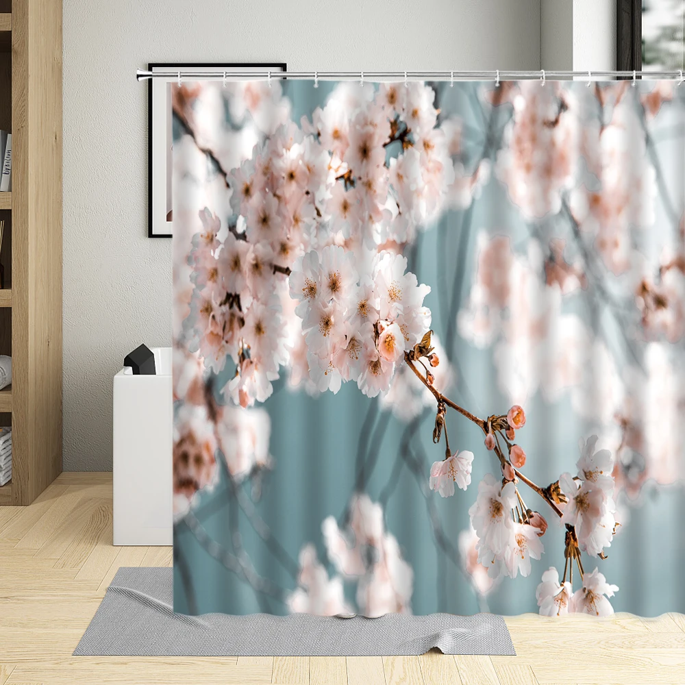 

Весенняя Штора для душа с цветущими розовыми цветами вишни синяя деревянная зернистая декорация для дома водонепроницаемые тканевые занавески для ванны