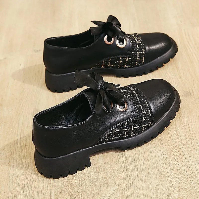 

Spring Autumn Women Oxford Shoes Flats on Platform Casual Shoes Black Lace Up Leather Shoes Sewing Round Toe Zapatos Mujer J268