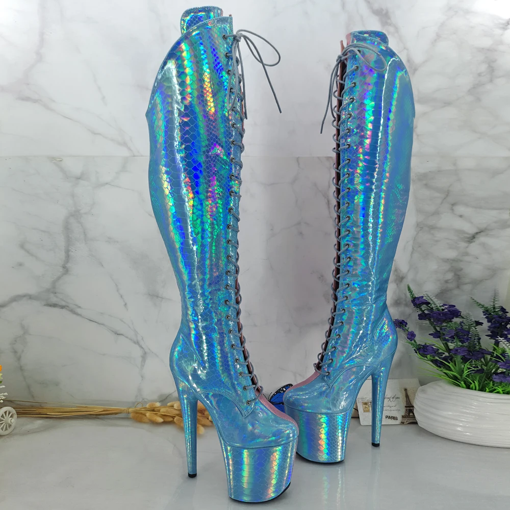 Leecabe Holo Pink with Blue 20CM/8inch Pole dancing High Heel platform Boots with lace and zipper