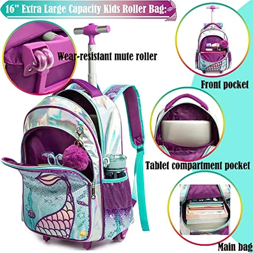 BIKAB Mermaid Rolling Backpack for Gilrs Backpacks with Wheels for Elementary School Bag Trolley Trips Luggage with Lunch Box